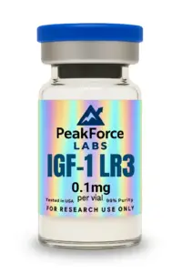 0.1mg vial of IGF-1 LR3 research peptide with holographic PeakForce Labs label.