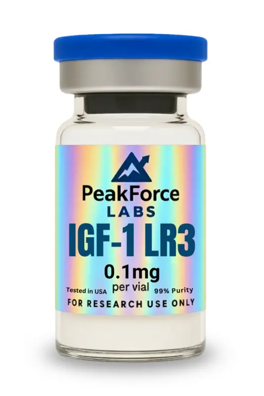 0.1mg vial of IGF-1 LR3 research peptide with holographic PeakForce Labs label.