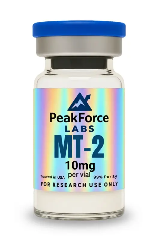 10mg vial of Melanotan II research peptide with holographic PeakForce Labs label. Caption: PeakForce Labs Melanotan II 10mg – 99% Purity Verified for Research.