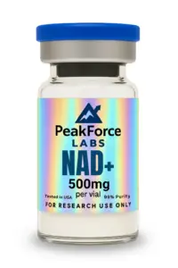 500mg vial of NAD+ research compound with holographic PeakForce Labs label.