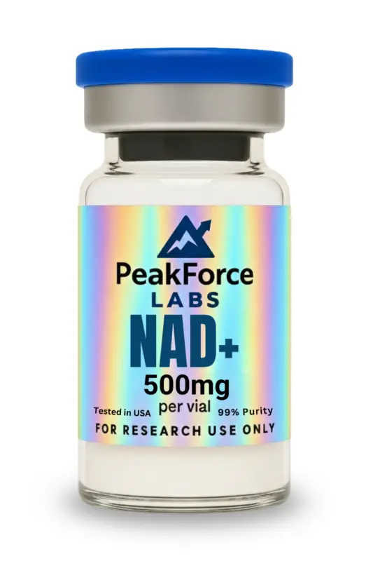 500mg vial of NAD+ research compound with holographic PeakForce Labs label.