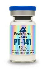 10mg vial of PT-141 research peptide with holographic PeakForce Labs label.