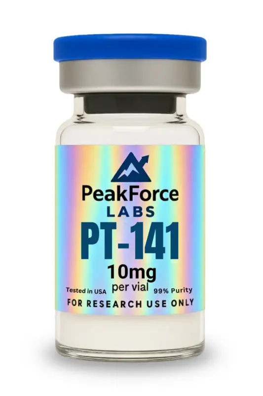 10mg vial of PT-141 research peptide with holographic PeakForce Labs label.