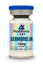 10mg vial of Sermorelin research peptide with holographic PeakForce Labs label.