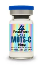 10mg vial of MOTS-c research peptide with holographic PeakForce Labs label.