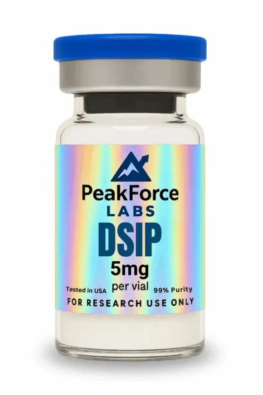 DSIP - 5mg Vial of high-purity Delta Sleep-Inducing Peptide from PeakForce Labs with holographic security label and blue cap.