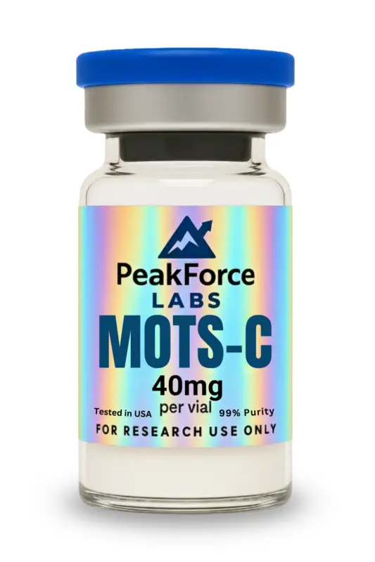 40mg vial of MOTS-c research peptide with holographic PeakForce Labs label.