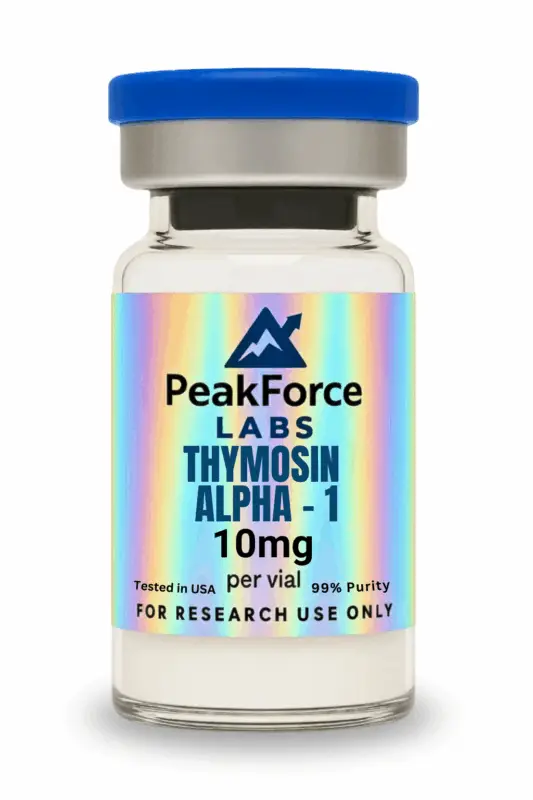 PeakForce Labs Thymosin Alpha-1 10mg peptide vial with iridescent holographic label and blue cap.