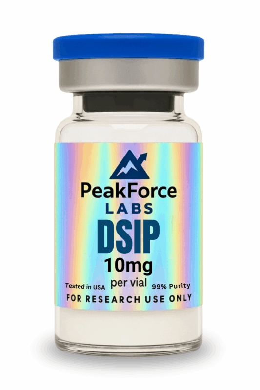 PeakForce Labs DSIP 10mg lyophilized peptide vial with holographic label and blue cap