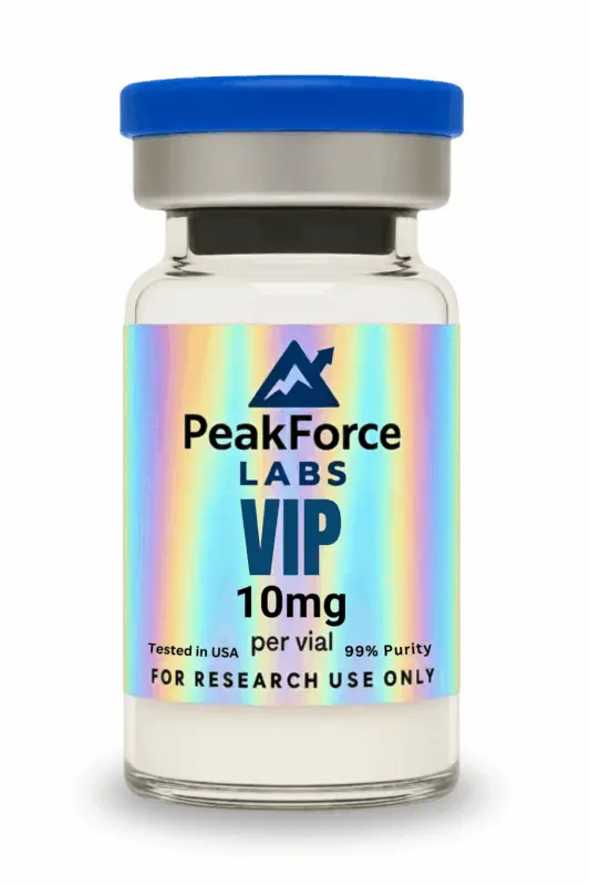 VIP 10mg peptide vial from PeakForce Labs with holographic label, blue cap, and research use only designation