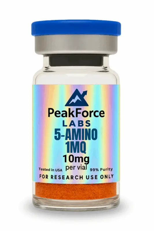 5-Amino 1MQ research compound vial from PeakForce Labs, 10mg lyophilized powder, laboratory use only