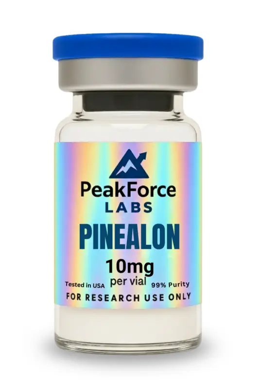 10mg vial of Pinealon peptide with holographic label for laboratory research use.
