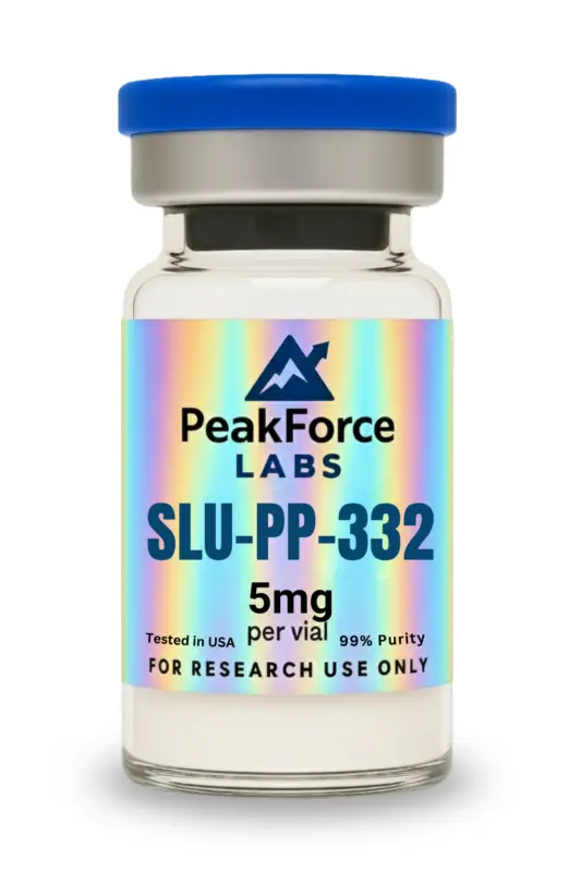 5mg vial of SLU-PP-332 research compound with holographic PeakForce Labs label.
