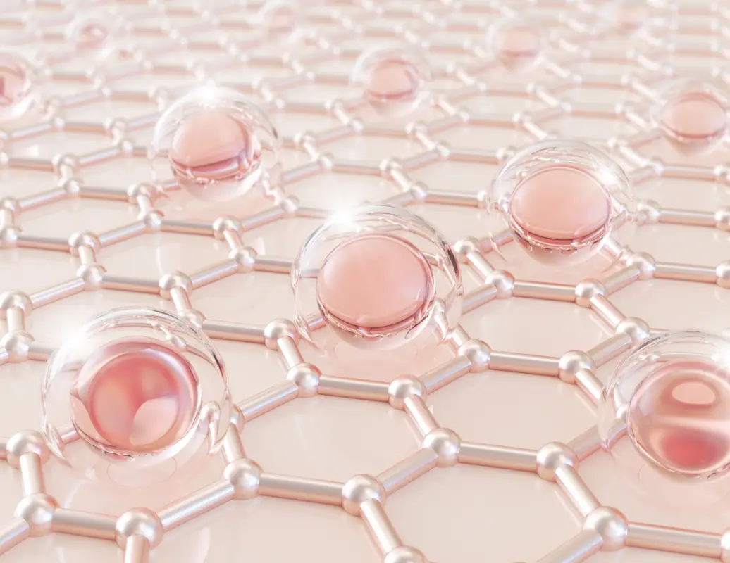 A high-tech molecular visualization representing the Wolverine Blend, featuring pink spherical compounds integrated into a rose gold hexagonal lattice structure.