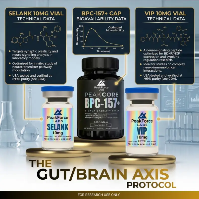 PeakForce Labs Gut-Brain Axis Research Protocol technical data infographic with BPC-157 capsules VIP and Selank vials on gold podiums