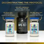 Deconstructing the protocol showing 60ct oral-active BPC-157 bioavailability stack with lyophilized VIP and Selank 10mg vials