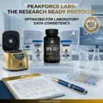High-end laboratory research environment featuring a gold centrifuge PeakForce branded pen and optimized data consistency protocols