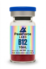 A small glass vial of PeakForce Labs B12 powder with a holographic label and blue cap.