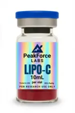 A glass research vial of PeakForce Labs Lipo-C containing red powder, featuring a holographic label and a blue cap.