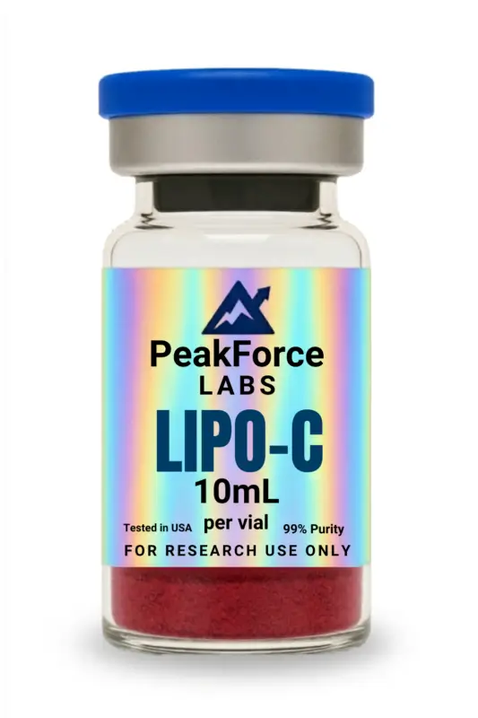A glass research vial of PeakForce Labs Lipo-C containing red powder, featuring a holographic label and a blue cap.