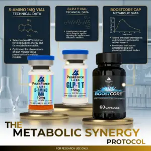 High-end laboratory research infographic for "The Metabolic Synergy Protocol" by PeakForce Labs. The image features three products on gold circular podiums: 5-Amino 1MQ (10mg vial), GLP-1 T (15mg vial), and BoostCore (60 capsules). Above the products are dark navy technical data boxes displaying chemical structures, a bioavailability graph, and research bullet points. The background shows a modern clinical laboratory with glassware and data screens. The headline "THE METABOLIC SYNERGY PROTOCOL" is in bold gold and black typography. Footer reads: "FOR RESEARCH USE ONLY."