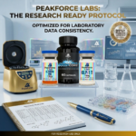 Laboratory setting infographic for PeakForce Labs Metabolic Synergy Protocol. Shows 5-Amino 1MQ, GLP-1 T, and BoostCore alongside a gold centrifuge, research notebook, and branded pen. Headline: "THE RESEARCH READY PROTOCOL - OPTIMIZED FOR LABORATORY DATA CONSISTENCY."