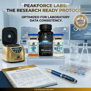 Laboratory setting infographic for PeakForce Labs Metabolic Synergy Protocol. Shows 5-Amino 1MQ, GLP-1 T, and BoostCore alongside a gold centrifuge, research notebook, and branded pen. Headline: "THE RESEARCH READY PROTOCOL - OPTIMIZED FOR LABORATORY DATA CONSISTENCY."