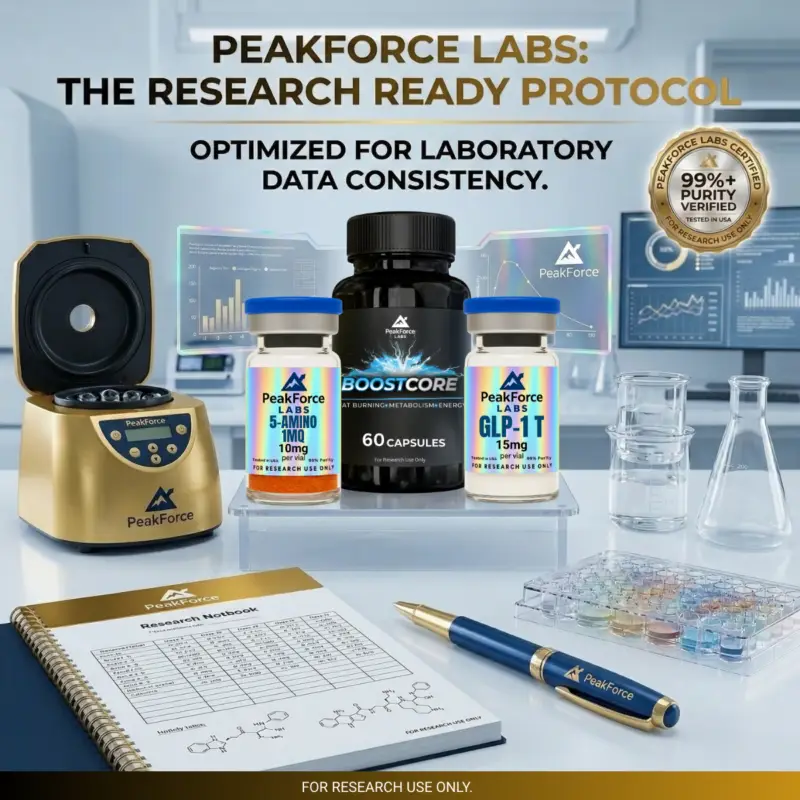 Laboratory setting infographic for PeakForce Labs Metabolic Synergy Protocol. Shows 5-Amino 1MQ, GLP-1 T, and BoostCore alongside a gold centrifuge, research notebook, and branded pen. Headline: "THE RESEARCH READY PROTOCOL - OPTIMIZED FOR LABORATORY DATA CONSISTENCY."