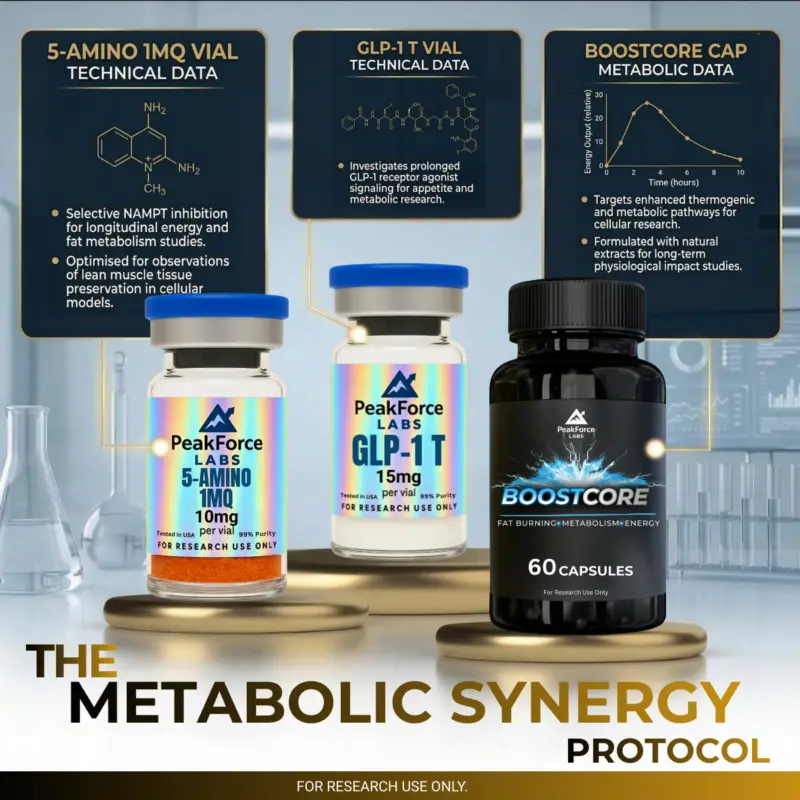 High-end laboratory research infographic for "The Metabolic Synergy Protocol" by PeakForce Labs. The image features three products on gold circular podiums: 5-Amino 1MQ (10mg vial), GLP-1 T (15mg vial), and BoostCore (60 capsules). Above the products are dark navy technical data boxes displaying chemical structures, a bioavailability graph, and research bullet points. The background shows a modern clinical laboratory with glassware and data screens. The headline "THE METABOLIC SYNERGY PROTOCOL" is in bold gold and black typography. Footer reads: "FOR RESEARCH USE ONLY."