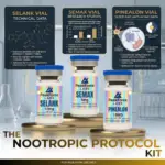 Three PeakForce Labs peptide vials including Selank 10mg, Semax 5mg, and Pinealon 10mg displayed in a laboratory setting with technical data boxes for The Nootropic Protocol.