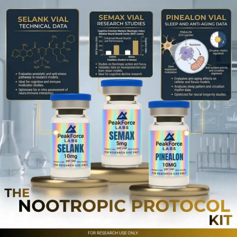 Three PeakForce Labs peptide vials including Selank 10mg, Semax 5mg, and Pinealon 10mg displayed in a laboratory setting with technical data boxes for The Nootropic Protocol.