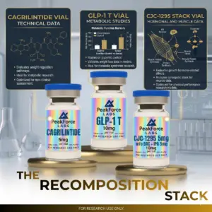 Recomposition Research Protocol peptide vials including Cagrilintide and GLP-1 T for laboratory metabolic studies.