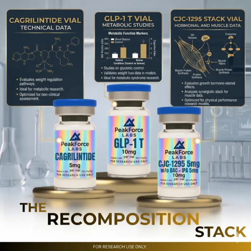 Recomposition Research Protocol peptide vials including Cagrilintide and GLP-1 T for laboratory metabolic studies.