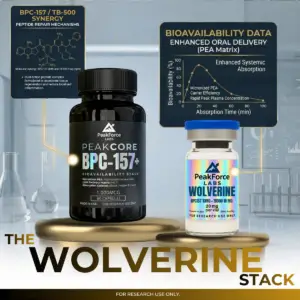 A professional product advertisement for "Wolverine Stack" featuring a Wolverine peptide vial and a PEAKCORE BPC-157+ supplement bottle displayed on gold pedestals in a clean studio setting.