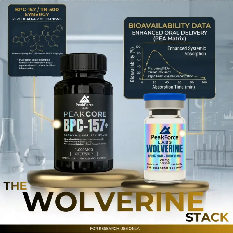 A professional product advertisement for "Wolverine Stack" featuring a Wolverine peptide vial and a PEAKCORE BPC-157+ supplement bottle displayed on gold pedestals in a clean studio setting.