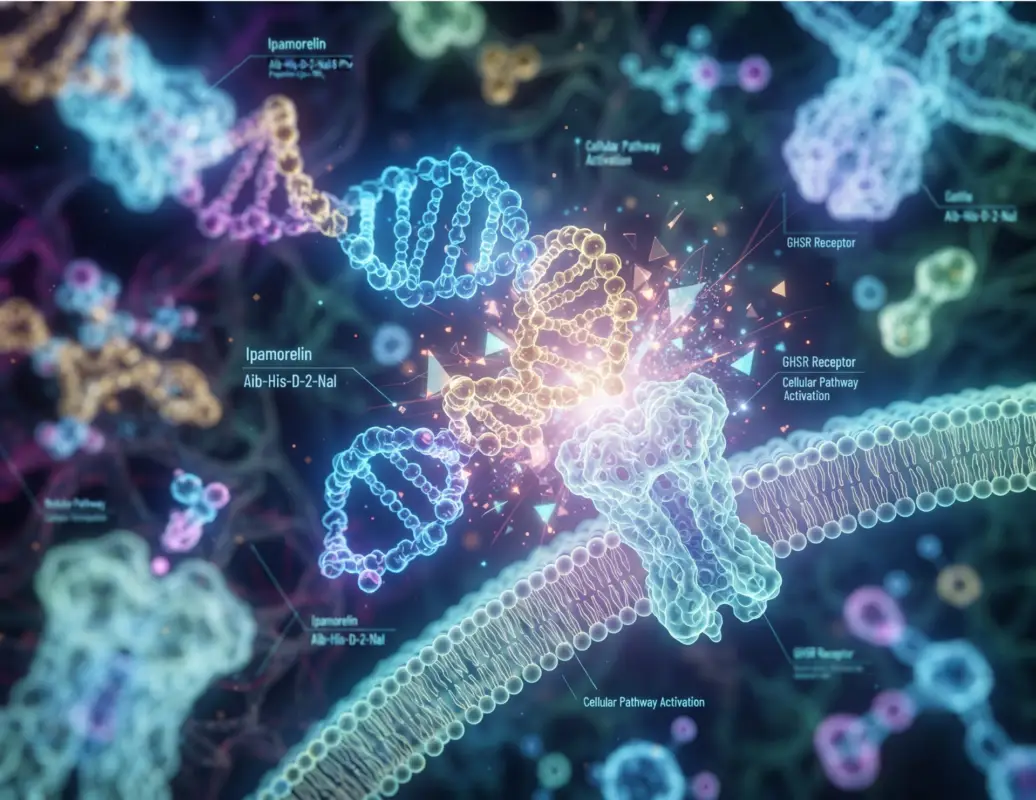 Digital rendering of Ipamorelin peptide mechanism and GHSR receptor interaction.