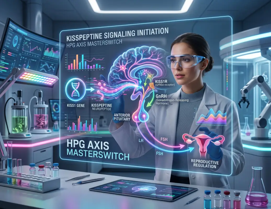 Futuristic holographic display of the Kisspeptine HPG Axis Masterswitch pathway.